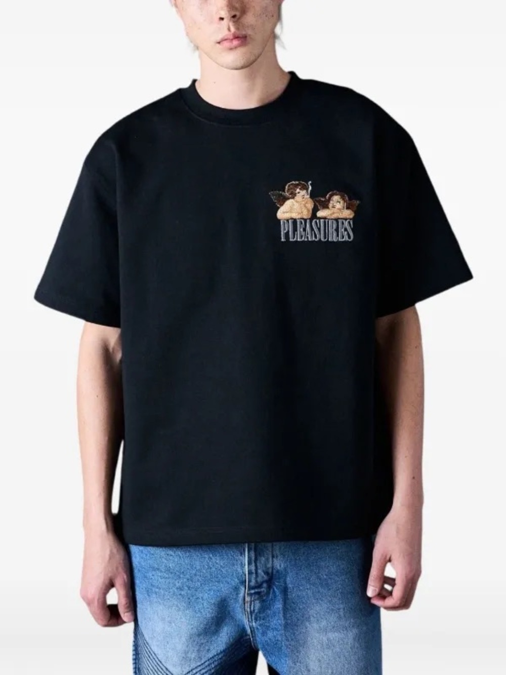 PLEASURES Black Tee with Red Logo Tag NWOT Medium